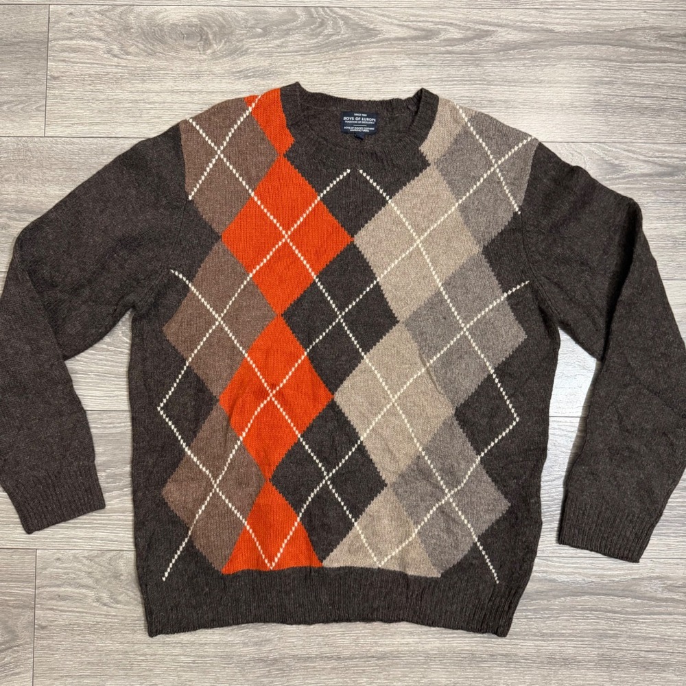 Boys of Europe Vintage 90s Lambswool Argyle Sweater Mens XL Mocca Brown Orange